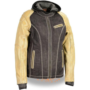 SAMROZ SPORTS Leather Ladies <b>Hooded</b> Two Tone <b>Black</b> and Beige <b>Denim</b> and Leather <b>Jacket</b> - Product Image 1