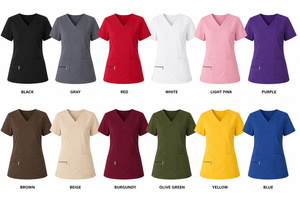 ขายส่งเสื้อสครับทางการแพทย์คอวีสีชมพูสำหรับผู้หญิงแขนสั้นหลายกระเป๋าพยาบาลชุดยูนิฟอร์มโรงพยาบาลชุดทำงานเสื้อคลุมร้านเสริมสวยสปา - Product Image 4