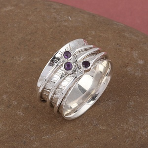 Natural Amethyst 925 Sterling Silver Handmade <b>Spinner</b> <b>Ring</b> Wide Band Meditation <b>Rings</b> Artisan Fidget Jewelry for Women - Product Image 5