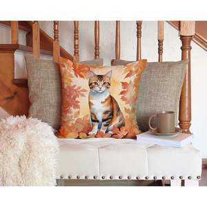 Gato Bobtail coreano en hojas de otoño lavable a máquina 14H x 14W cojín decorativo para interior y exterior para sofá cama Patio - Product Image 3