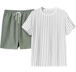 Men's Plus Size Striped Cotton <b>Knitted</b> Casual T-Shirt And Shorts <b>Set</b> Summer Wear - Product Image 1