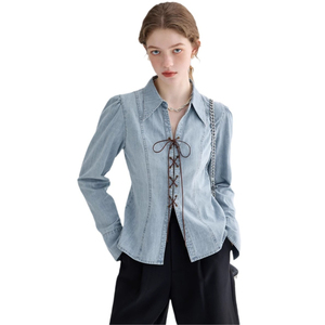 Jean en denim décontracté bleu en coton respirant à manches longues coupe droite pour femme, style vintage, idéal été et printemps, avec boutons – Meilleures ventes - Product Image 2