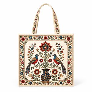 Sac fourre-tout en toile de coton à motif floral et oiseaux avec cordon de serrage, motif bohème par transfert thermique, sac à bandoulière pour les courses quotidiennes et les voyages - Product Image 1