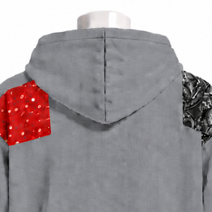 Sweat à capuche gris en polaire d'hiver, patchwork, imprimé, avec fermeture éclair intégrale, coupe oversize, éco-responsable, décontracté - Product Image 4