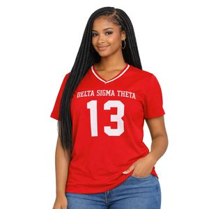 Delta Sigma Theta Oversized Chenille Football Jersey Tee Red for Women Comfortable Fit Premium Greek Sorority Apparel - Product Image 1