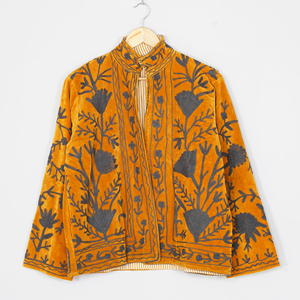 Women Velvet Embroidered <b>Jacket</b> Mandarin Collar Lantern Sleeve Floral Boho Style Autumn Coat Handmade Suzani <b>Pattern</b> - Product Image 6