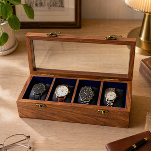 Luxury Rectangle Handcrafted 4-Slot Wooden Watch Box | Indian Rosewood Brass Inlay Glass Lid Organizer <b>Case</b> | Premium Watch - Product Image 1