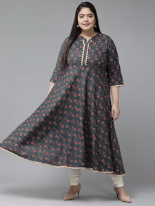 Kurti Anarkali en coton pour femmes grandes tailles, style col mandarin, manches trois quarts et motif floral gris imprimé - Product Image 1