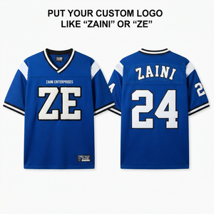 Maillot de football américain pour hommes 280 GSM en maille polyester premium bleu roi avec empiècements blancs sur les épaules, logo personnalisé en sergé, OEM ODM - Product Image 1