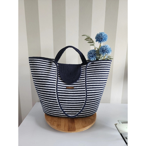 Sac de plage en corde tressée bleu marine et blanc rayé, fait main, doux, imperméable, en coton, sac à bandoulière d'été, sac de shopping - Product Image 1