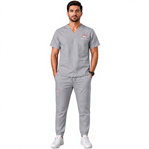 Ensemble de blouses médicales pour hommes, col en V, gris, tissu tissé en coton et polyester, uniformes d'hôpital - Product Image 1