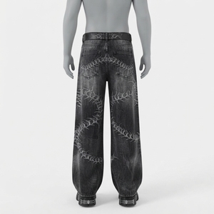 Jeans en denim déchiré à jambes larges pour homme avec broderie, coupe ample, style streetwear, style automne - Product Image 2