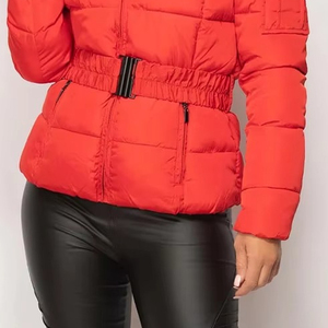 Women's Red <b>Quilted</b> Winter Jacket With Fur Hood Zipper Closure Full Sleeve Polyester Wadding <b>Thick</b> Puffer Coat - Product Image 5
