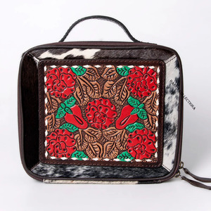 Bolso de mano de cuero repujado con pelo de vaca para mujer, diseño floral de rosas estilo western, con cremallera, organizador de maquillaje, neceser de viaje - Product Image 3