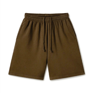 Shorts Bermuda en coton marron uni pour homme avec cordon de serrage à la taille, décontractés, mi-longs, tissés et teints - Product Image 1