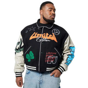 เสื้อแจ็คเก็ตเบสบอลวาร์ซิตี้แขนหนังขนสัตว์ฟอกย้อมลายกราฟฟิตีสำหรับผู้ชาย สไตล์ไฮสตรีท ปกคอพับ กันลม - Product Image 1