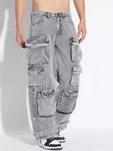 Pantalon cargo ample pour homme, gris foncé, effet usé, double patch aux genoux, style streetwear, jeans - Product Image 4