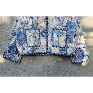 Handmade Blue White Floral <b>Quilted</b> Cotton <b>Jacket</b> Reversible Padded Coat with Pockets for Women Mandarin Collar gift for her - Product Image 5