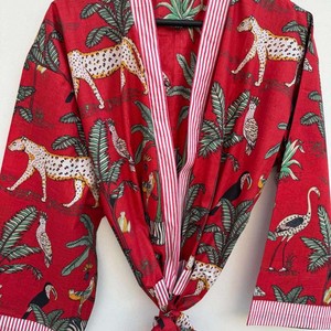 Bata de baño informal de algodón estilo kimono indio, traje de noche, ropa de playa de primavera y verano, largo completo, estampado animal, cuello en V, suave, con logo frontal - Product Image 2