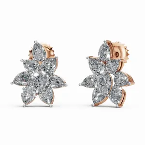 Boucles d'oreilles clous florales étincelantes en or rose 18 carats avec diamants de laboratoire taille poire, 16 pièces, tendance, pour mariage et fiançailles - Product Image 1