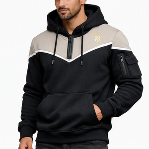 Sudadera con capucha y cremallera de un cuarto para hombre, diseño con bloques de color, bolsillo frontal y cremallera en la manga, estilo casual, negro, beige, blanco - Product Image 2