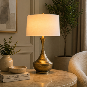 Hammered Heritage Metal Table Lamp with Antique Brass Iron Base Premium Linen <b>Drum</b> <b>Shade</b> Warm Ambient <b>Lighting</b> for Elegant Homes - Product Image 1