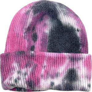 Bonnet unisexe tendance en polyester et rayonne tricoté, effet tie-dye multicolore, avec revers et patch logo, vente en gros sur mesure - Product Image 4