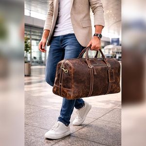 Sac de voyage unisexe en cuir véritable avec bandoulière réglable, grande capacité, style vintage, fermeture éclair - Product Image 3