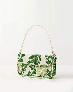 Bolso de Hombro Elegante de Diseño para Mujer, Hecho a Mano, con Cuentas Florales Verdes, de Lujo, con Anillo de Nailon Bordado Artesanal Premium - Product Image 4