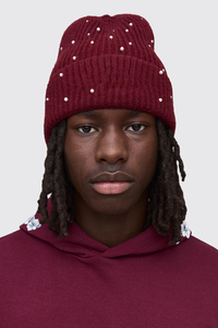 Gorro unisex color burdeos con puntos de diamantes de imitación blancos, gorro de invierno tejido a mano, informal, talla para adultos 56-58CM - Product Image 2