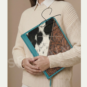 Western Tooled Leather Portfolio <b>Folder</b> Hair On Cowhide <b>A4</b> Organizer Zipper Case Turquoise Edge Business Padfolio OEM - Product Image 1