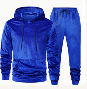Chándal Unisex Azul de Terciopelo con Capucha, Estilo Casual, con Bolsillos Laterales, Cierre con Cordón, Material de Poliéster, Estilo Otoñal - Product Image 1