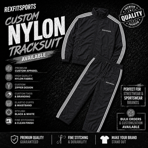 REXFIT SPORTS 2026 Ensemble de survêtement personnalisé en nylon noir avec bandes latérales blanches, veste zippée intégrale et pantalon, ensemble de vêtements de sport à marque privée - Product Image 1