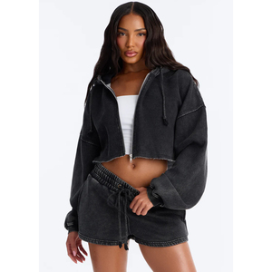 Conjunto de dos piezas de sudadera con capucha corta y shorts para mujer, estilo vintage con lavado ácido, casual, liso, holgado, oversize, ropa urbana al por mayor - Product Image 1