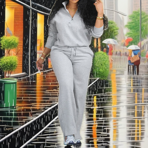 Conjunto Deportivo de Dos Piezas para Mujer, Tejido, Color Gris Sólido, Manga Larga, Corte Holgado, Pantalones Largos con Cierre Frontal - Product Image 2