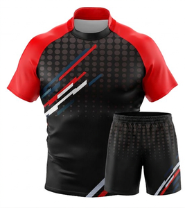 Ensemble de maillot de rugby sublimé noir et rouge pour homme, manches courtes, respirant, coupe athlétique, toutes saisons, imprimé géométrique - Product Image 1