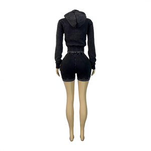 Ensemble de survêtement 2 pièces pour femme avec sweat à capuche zippé et short côtelé, couleur unie, décontracté, toutes saisons, coupe régulière, manches longues - Product Image 4
