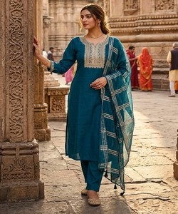 Salwar Kameez en coton pour femme avec dupatta, brodé, style décontracté Inde/Pakistan, longueur cheville, coupe classique 85462 BLUESTAR- BS..161 - Product Image 1