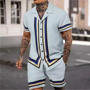 Ensemble chemise et short pour homme, col cubain, formel, uni ou imprimé, tricoté, 100% coton, manches courtes, style urbain, taille mi-haute élastique, été - Product Image 1