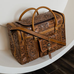 คอลเลกชันใหม่ล่าสุดวินเทจตะวันตก cowhide แกะสลักเดินทาง Duffel ทำด้วยมือสีน้ำตาลโบราณขนาดใหญ่กระเป๋าเครื่องมือในสัปดาห์ - Product Image 3