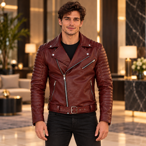 Veste en cuir véritable pour homme, couleur bordeaux, avec ceinture et col à revers, style motard, avec manches matelassées, pour le quotidien et la vente en gros - Product Image 3