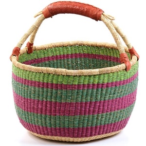 Trade Assurance <b>Seagrass</b> Belly Basket Handwoven Natural Grass Green Purple Stripe <b>Plant</b> <b>Pot</b> Cover Decor Bin - Product Image 2