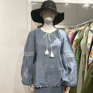 Vestido Mini de Algodón con Cuello Redondo y Manga Larga, Corte Recto, Diseño Liso, Estilo Casual para Fiesta, con Bordado y Dobladillo Liso para Mujer - Product Image 1