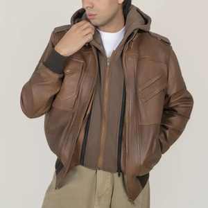 Chaqueta de Cuero con Capucha para Hombre, Color Marrón, con Cierre de Cremallera y Forro de Algodón, Estilo Motero de Invierno - Product Image 2