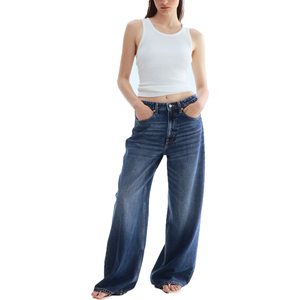 Pantalones vaqueros de mezclilla lavados a la piedra de cintura alta y pierna ancha para hombre, talla grande, ajuste holgado informal, de algodón, con cierre de botón, color azul liso. - Product Image 2