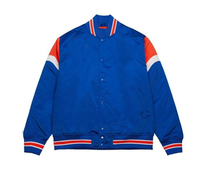 Veste universitaire en satin bleu pour homme, avec bordures rouges et blanches, coupe décontractée, pour l'automne, fermeture éclair simple, poches zippées - Product Image 5