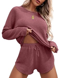 Ensemble de pyjama en tricot gaufré pour femmes, haut à manches longues et short assorti, ensemble de détente, vêtements de détente avec poches - Product Image 5