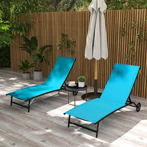 Lettino Prendisole Moderno Blu da Esterno 2 Pezzi con Ruote, 5 Posizioni Regolabili, Resistente per Hotel, Giardino, Spiaggia - Product Image 2