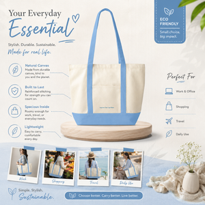 B2B Premium 100% Cotton <b>Canvas</b> <b>Tote</b> Bag Front Pocket Light Blue | Double Shoulder Handles Reusable Shopping Grocery Promotional - Product Image 5