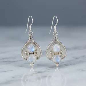 925 Sterling Silver Natural Rainbow Moonstone Handcrafted Gemstone Ethnic Indian Design <b>Earrings</b> - Product Image 2